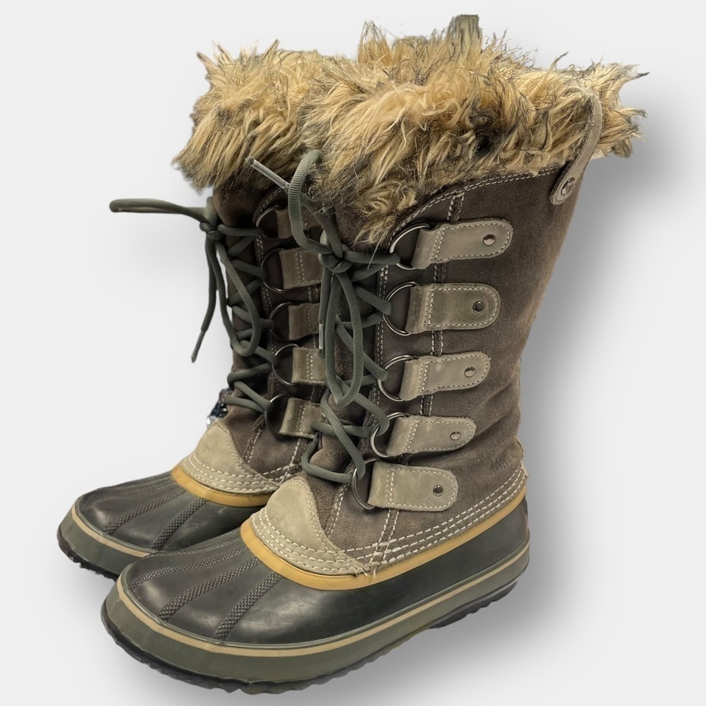 Sorel Joan of Artic Waterproof Winter Suede Rain Boots Quarry Black Sand Size 8